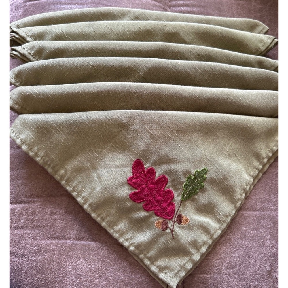 Set of 6 Sage Green Embroidered Oak Leaf and Acorn Cloth Napkins Autumn Harvest